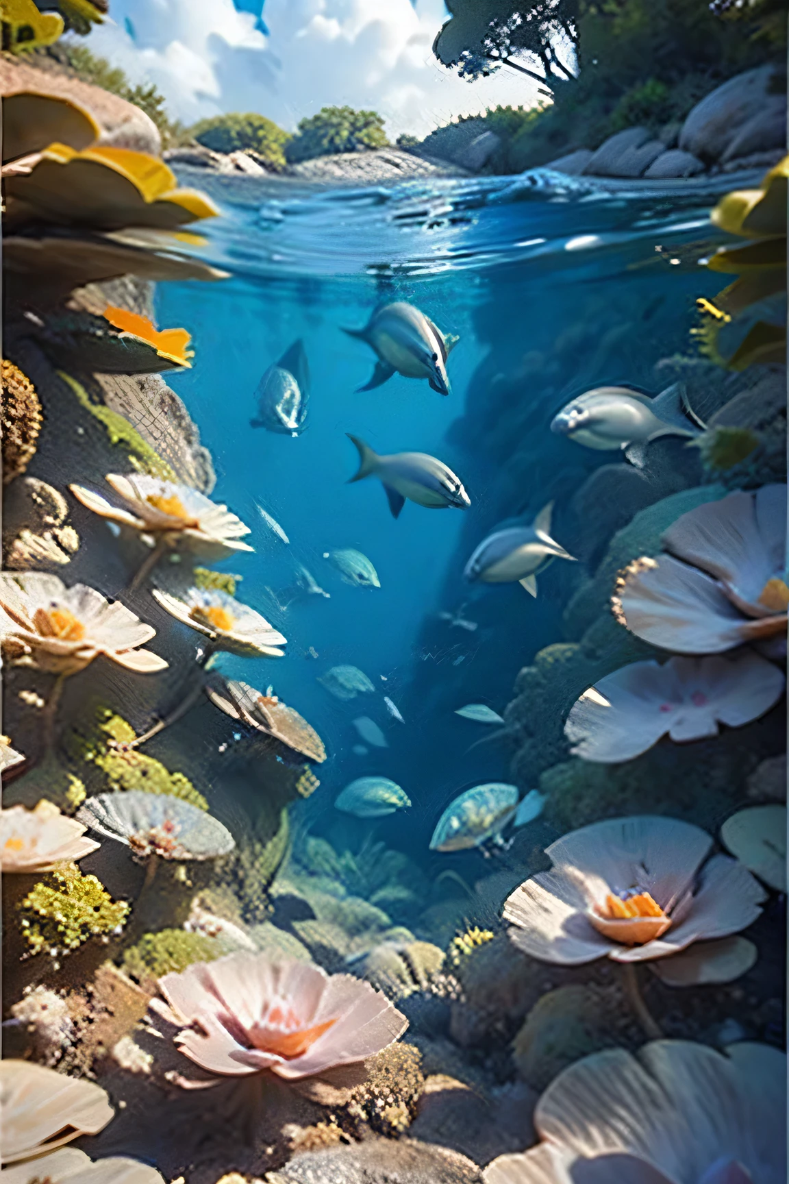 Create a watercolor painting of an ocean scene. Below the water, depict colorful fish, sea turtles, and dolphins swimming around vibrant coral reefs. Above the surface, show seagulls and pelicans floating or flying in a bright blue sky with soft clouds. Capture the beauty and tranquility of the ocean with a seamless blend of underwater and surface elements.