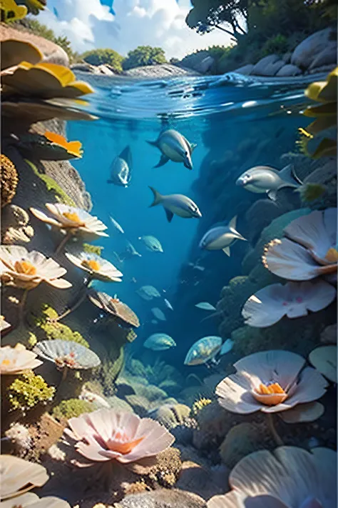 Create a watercolor painting of an ocean scene. Below the water, depict colorful fish, sea turtles, and dolphins swimming around...