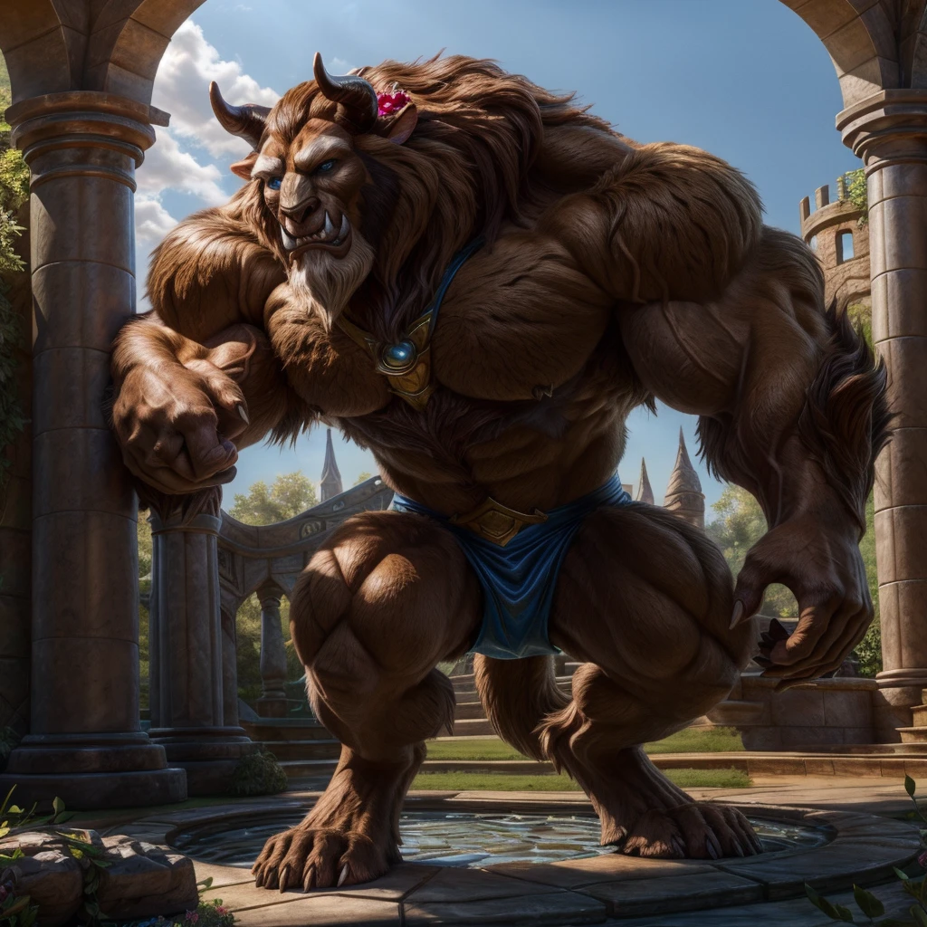 A realistic image of the Beast from the movie Beauty and the Beast, super muscular giant, with muscular arms, blue eyes, a tail, super furry with brown fur, horns facing backwards, wearing a yellow and blue X-Men uniform, with veins bulging, barefoot, in the garden of his castle, seen from the front showing his strength, lifting two extremely large and heavy alters