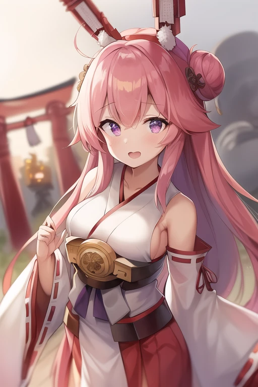 One girl, alone, Long Hair, King Kongu (Kantai Collection),Sakura Miko, Pink Hair, Double Bang, Purple eyes, Hair Bun, Ahoge, Open your mouth, Non-traditional Shrine Maiden, Removable sleeves, Brown eyes, White Background, (headgear):2, (Hair Bunド):2, smile, Sleeves edged with ribbon, Simple Background, kimono, Ribbon trim, View your viewers,  username, Upper Body, Wide sleeves, :d, King Kong