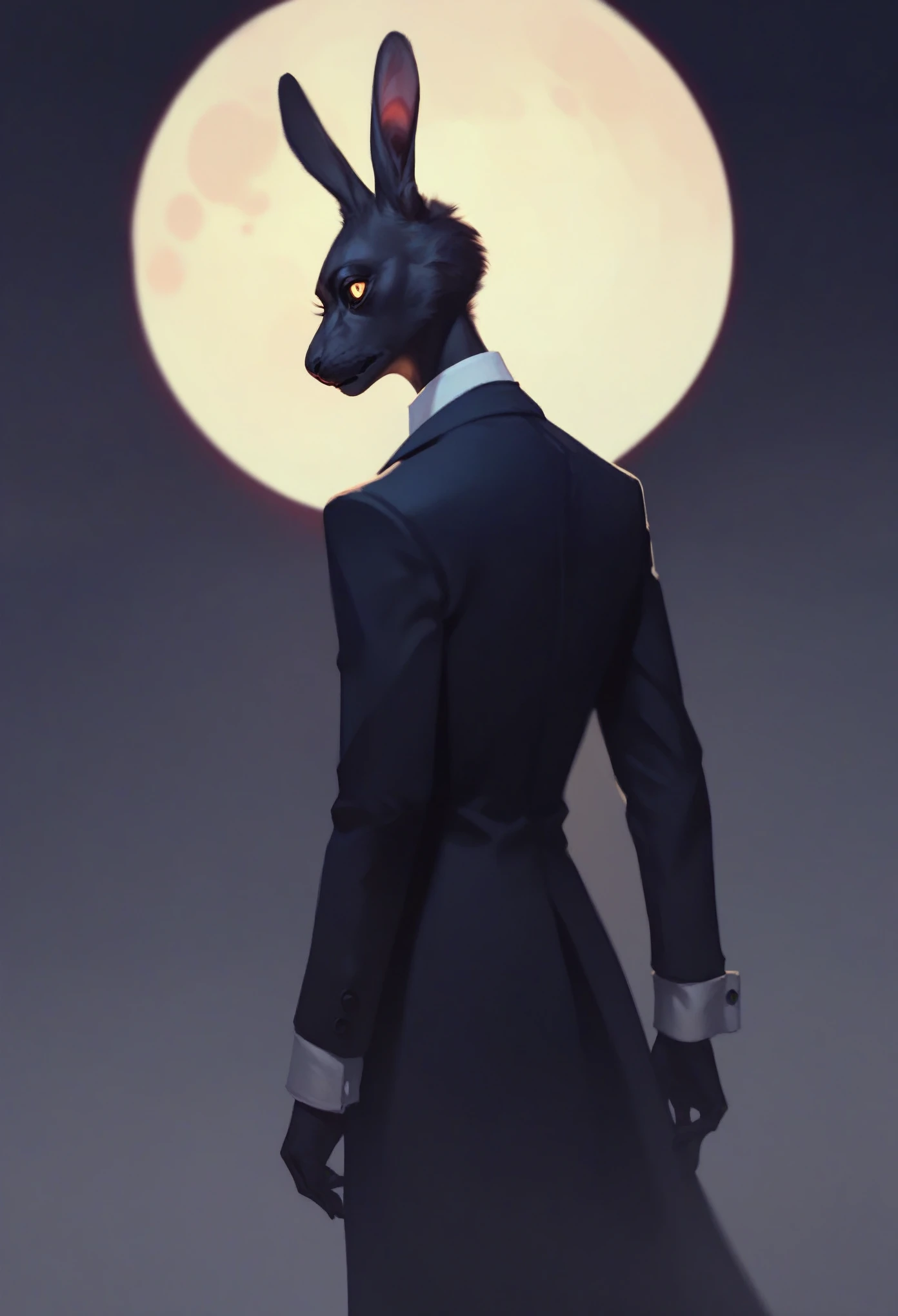 black furry bunny standing under the moonlight wearing a suit and has glowing yellow eyes , dark background, high detail, no light, woods landscape in the middle of the night, mistic, full moon, moonlight, (flat shading:1.2), (minimalist:1.4)
creepy bunny, evil