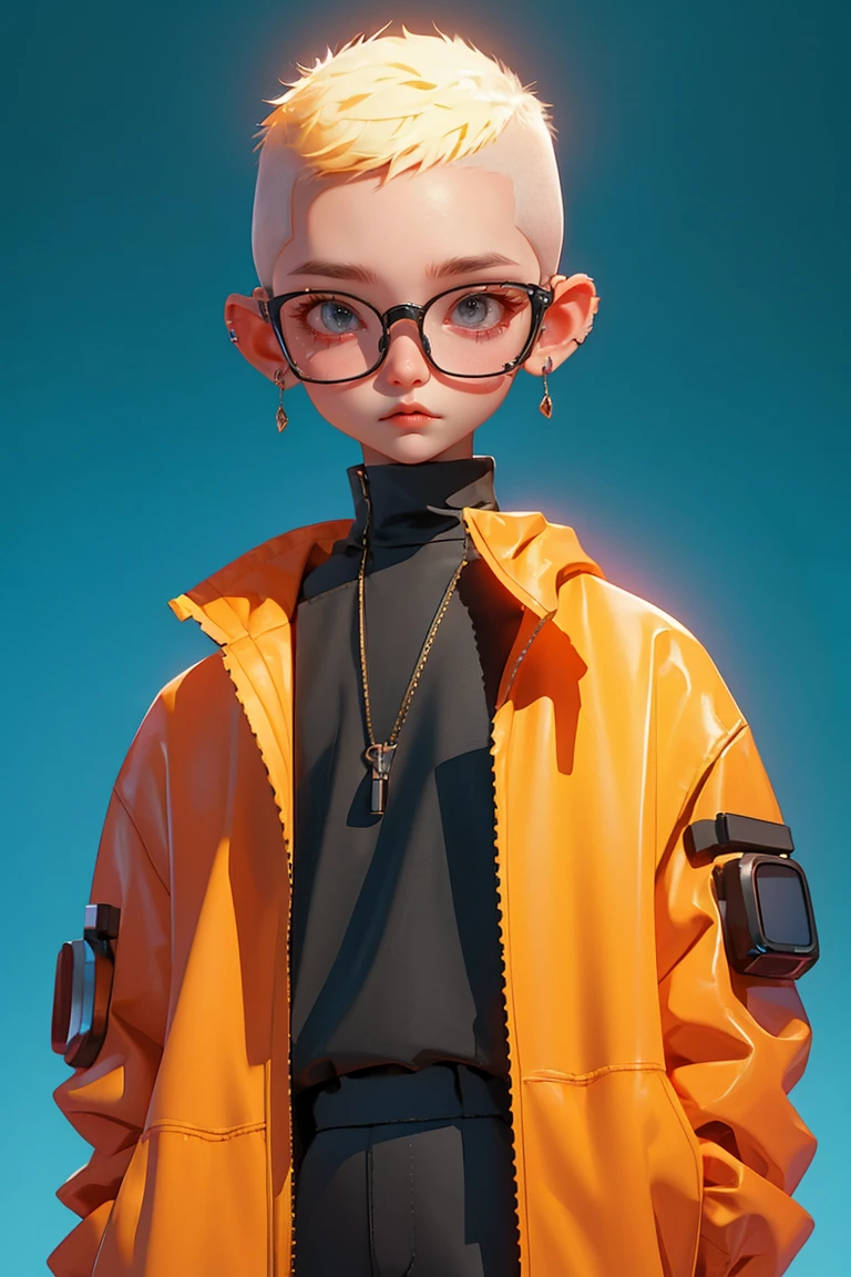 Blind Box,Simple Background,Extraordinary wide portrait of microscopic unknown little small 愛らしい cyberpunk alien species over orange tech style of high tech fashion professional photography, 8K, White blonde buzz cut,Boy wearing transparent glasses,Full black clothes