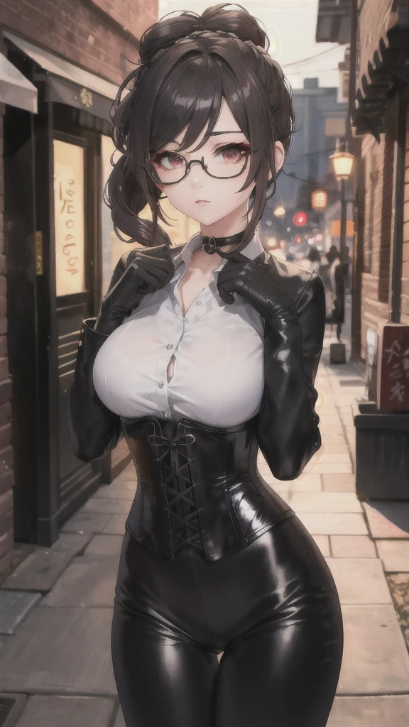 1 girl, Chiori \(genshin impact\), Alone, choker:1.6, White long sleeve shirt with long sleeve collar, black leather corset, black gloves that cover your hands, shiny black leggings, glasses, looking at the viewer,, inside, depth of field, expressionless, alley, at night