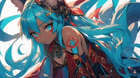 miku hatsune, high definition, kitsune ears, tribal tattoo, gorgerous girl, small breasts add_detail, magician girl add_detail