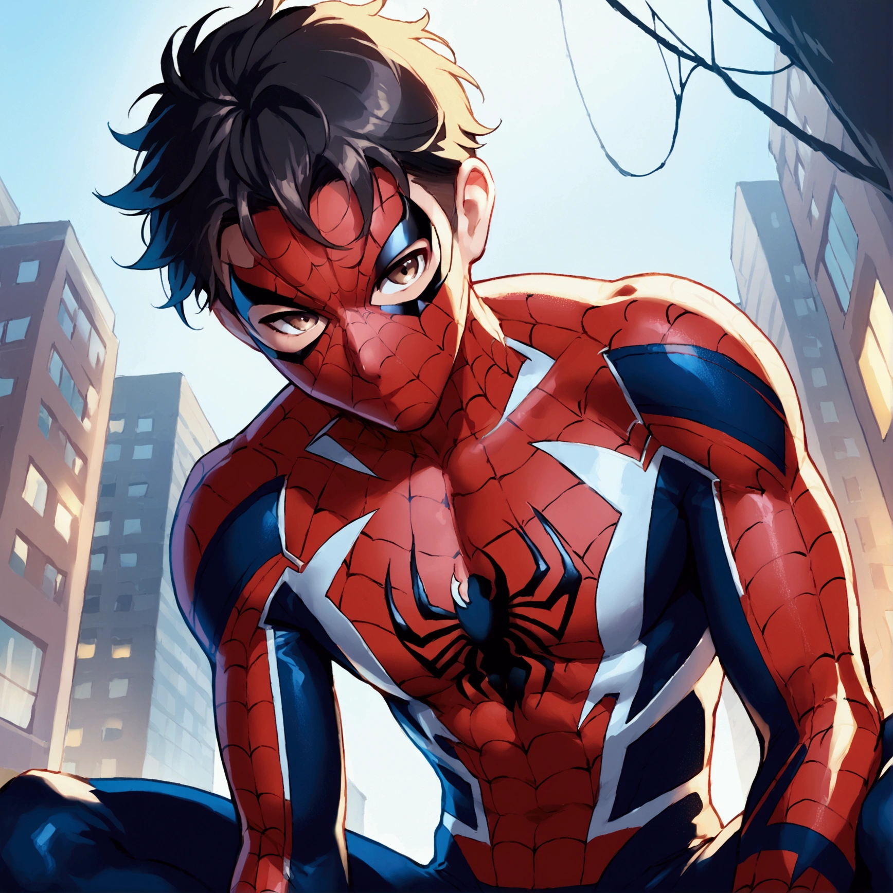 score_9, score_8_up, score_7_up, rating_explicit, source_anime, man, marvel spider man, black hair, pale skin, light brown eyes, no mask, piercing, sexy guy, 18 years, no mask, black and red suit, anime boy, sexy anime boy, beautiful boy anime, Crouching, low angle, spider man suit