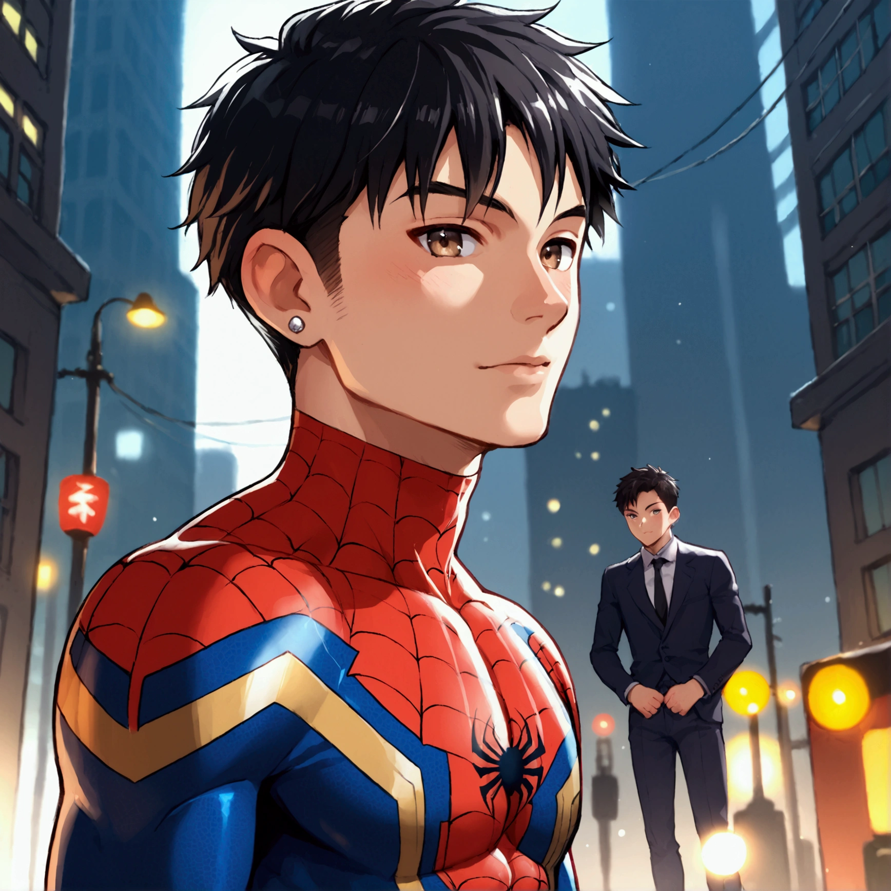 score_9, score_8_up, score_7_up, rating_explicit, source_anime, man, marvel spider man, black hair, pale skin, light brown eyes, no mask, piercing, sexy guy, 18 years, no mask, black and red suit, anime boy, sexy anime boy, beautiful boy anime, Crouching, low angle, spider man suit