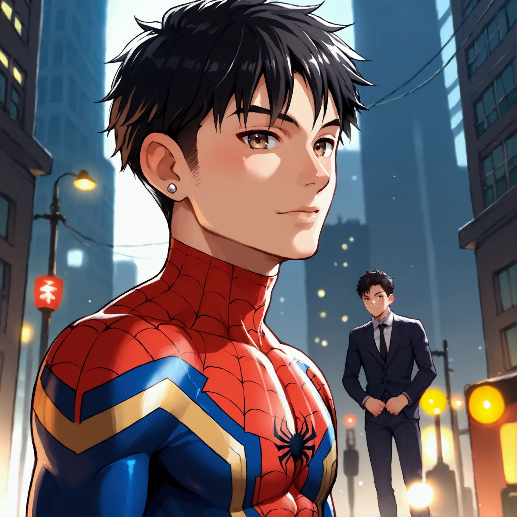 score_9, score_8_up, score_7_up, rating_explicit, source_anime, man, marvel spider man, black hair, pale skin, light brown eyes,...