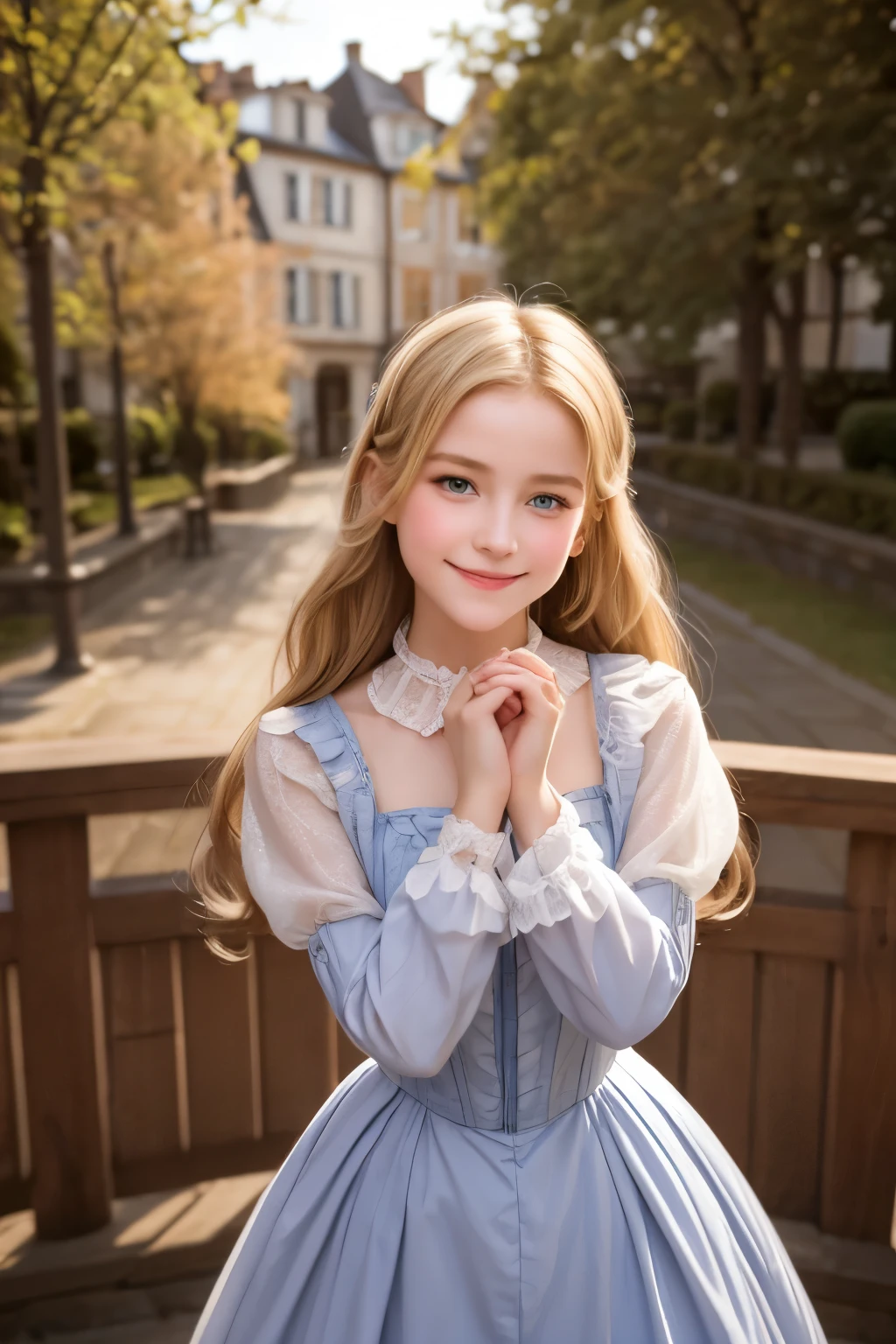 village realisticlying、Virginia Otis 15-year-old blonde hair blue eyes、City of victorian age, Europe. aristocrat girl、Looking up from below、 wear long sleeve sheer fabric dress、Various dynamic  poses、Face smile、cute face, Depicts the whole body、dinamyc pose
