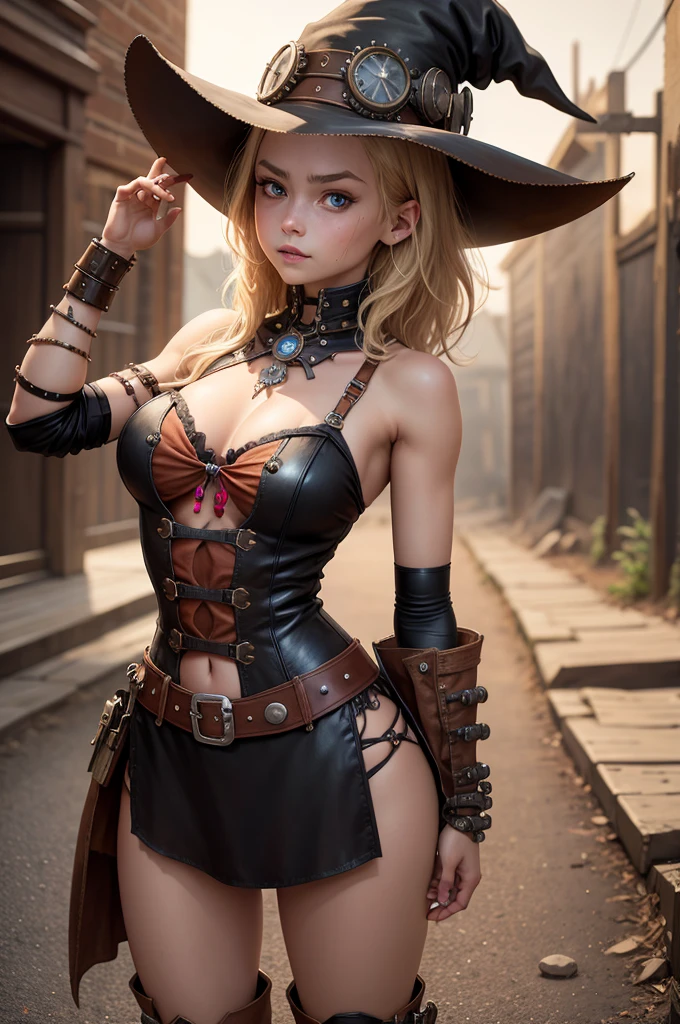 steampunkai。top quality。masterpiece。detailed information。one girl。Little Cute Girl。1 girl, Medium breasts, swimsuit, black swimsuit with red accents, without sleeves, life, bare legs, boots, matching boots, bracelets, Mars background, One, lonely, standing, full body shot, cowboy shot, beautiful detailed eyes, blonde hair, Medium hair, superhero, barbarian, using broad sword in handsteampunk witch。witch hat。witch&#39;cloth。long brown fluffy hair。smile。carry a big broom。Running on the road。Background - forest, bright light shines through.