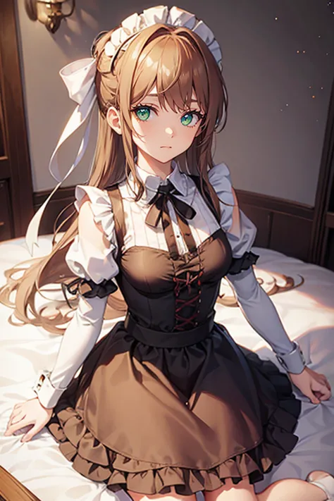 monica with maid's dress, green eyes, the girl is smiling