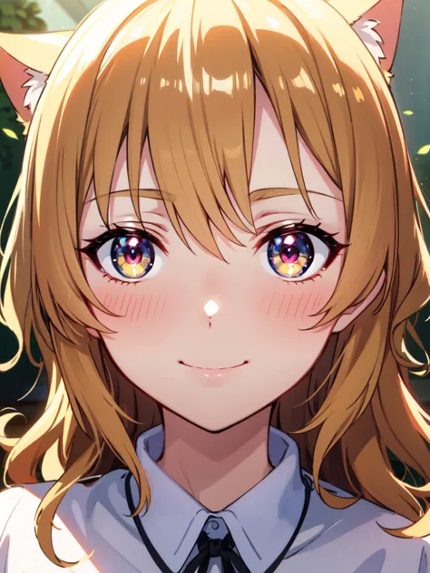 hair over shoulder, wavy hair, hair strand, shiny hair, blonde hair, eye reflection, glowing eyes, slit pupils, amber eyes, cat ...