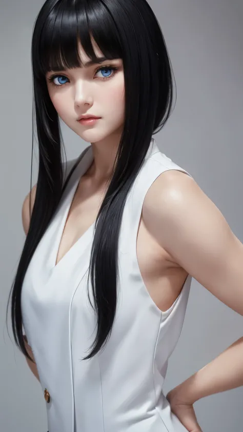 1 Female,black hair, ((Looks impatient)), Beautiful, White thin vest, good style, symmetrical clothes, (Facing forward), (Red ch...