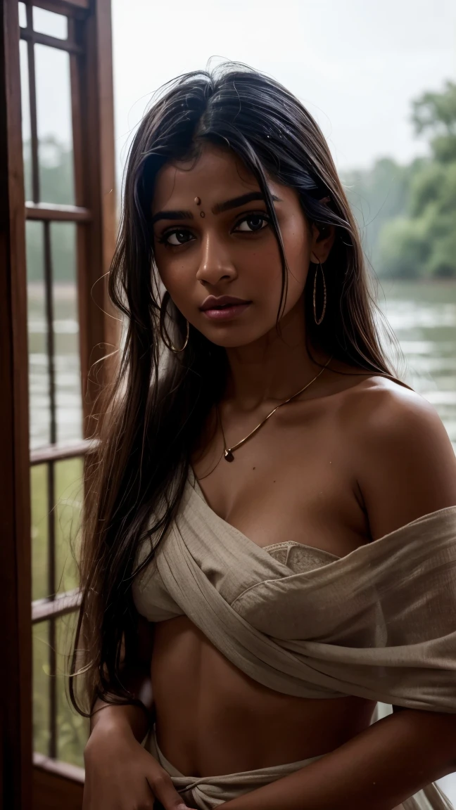 fille indienne, her cheveux ébouriffés a testament to the torrential rain that surrounds her. Beau, les yeux détaillés pétillent de joie alors qu&#39;elle regarde directement le spectateur, ses longues mèches attachées en un chignon soigné. She wears a casual t-chemise, légèrement transparent à cause de l&#39;humidité, et ses seins mi-ronds sont subtilement visibles sous. grosse fille de 14 ans nue de dos qui pisse, très gros cul, taille fine, hanches très larges, les seins énormes dépassent, (la forme du visage ressemble à une indienne mignonne, peur), elle urine dans la rivière jambes écartées, paysage de forets réaliste avec torrent, elle montre son sex qui fait pipi