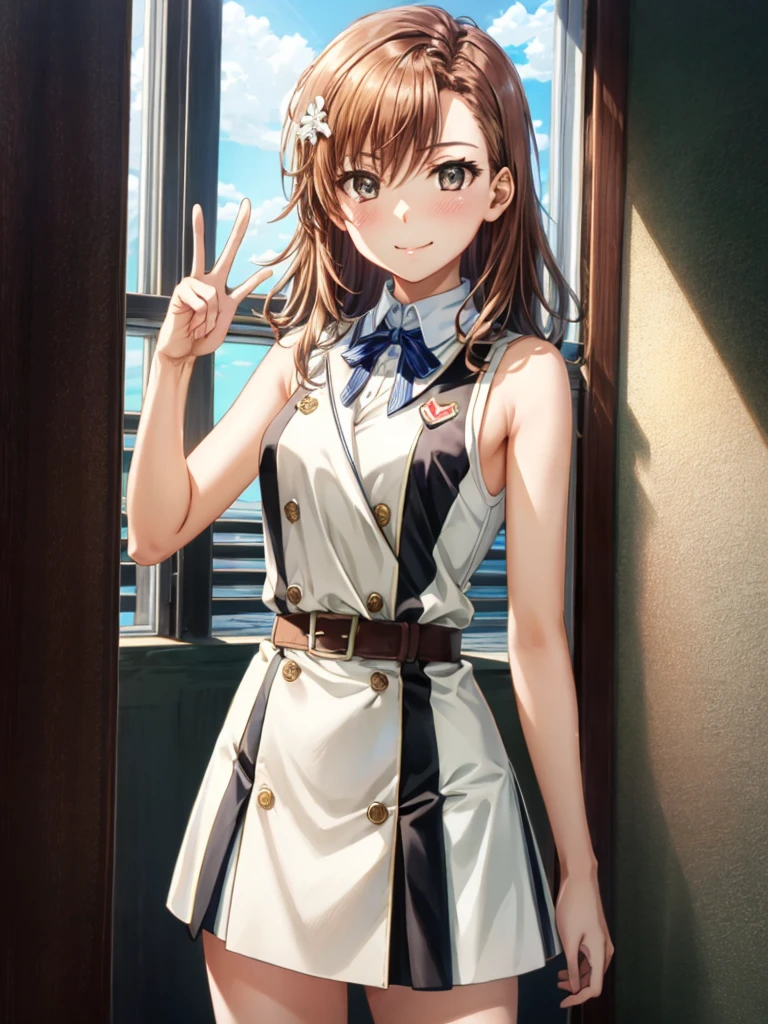 An ultra-high picture quality、(​masterpiece)、[3D Images:1.5],Attractive eyes、Cute Peace Sign、full-body view、(​masterpiece:1.6、top-quality)、(Beautiful Eyes of Details:1.2)、(Misaka_mikoto:1.5)、(beautiful and clear background:1.25)、Look at viewers、cparted lips、A smile、 Beautiful anime girl, Beautiful Art Style, a closed mouth、window、[[In high-quality anime、Cute Misaka with light brown hair and brown eyes_mikoto:1.15]]、(cowboy  shot:1.4)、(Uniforms:1.4)、Uniforms、White shirt、Neck ribbon、Light Brown Sleeveless Cardigan、grey miniskirt、