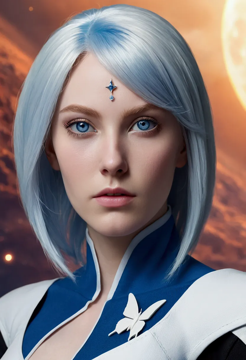 ---

a stunning 22-year-old woman with alien-like pointed ears, white butterfly cut hair, crystal blue eyes, and pale skin. she ...