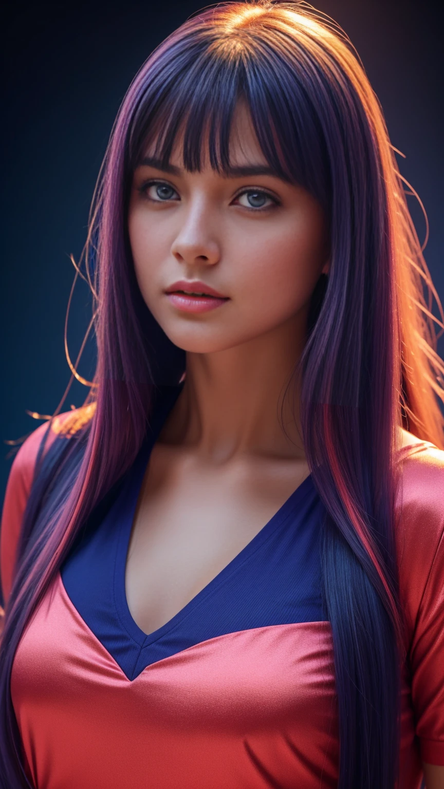 Beautiful realistic girl with blue long hair... ,..... ,Close-up of clean skin with detail ,full length,in short red and black mini shorts and a pink blouse,on a purple background,high quality 8k, high quality с высоким разрешением, Rich colors, Soft light, Super detailed photos. high quality, 8k Ultra HD, High Definition, Noise suppression, яркие Rich colors.. high quality, 8k Ultra HD, High Definition,