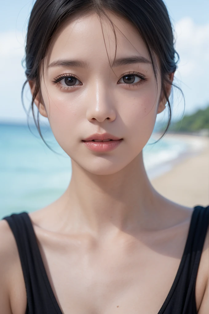 ((Highest quality)),((8K、32k)),(Genuine),Realistic photos、jp idol,(detailed)、(Beach)、((Bust up shot))、((face closeup))、(White skin)、(Big Breasts)、Micro Bikini、Shiny Hair、Short Hair、Glowing Skin、Japanese、beauty、Looking into the camera、Thick lips、cute、Hehehe:1.2、Shot with a film camera、RAW shooting、#24、Genuine、Photo Genuine:1.4、Photon Mapping、Physically Based Rendering、Perfect Anatomy、Detailed decollete、Detailed Eyes、Detailed double、Detailed masseter muscle、Detailed clavicle、Perfect Fingers、Finger Description、(Quality 8K)、((White skin))、Avoid mascara、Hair with movement、Detailed pores、Natural light、Detailed description、Blushing、Fine pores、Perfect cleavage、masterpiece、Blushing、Hair with movement、Detailed abdominal muscles、Sparkling、sexly、Detailed armpit、(slender)、(Upper Body)、Detailed Eyes元、