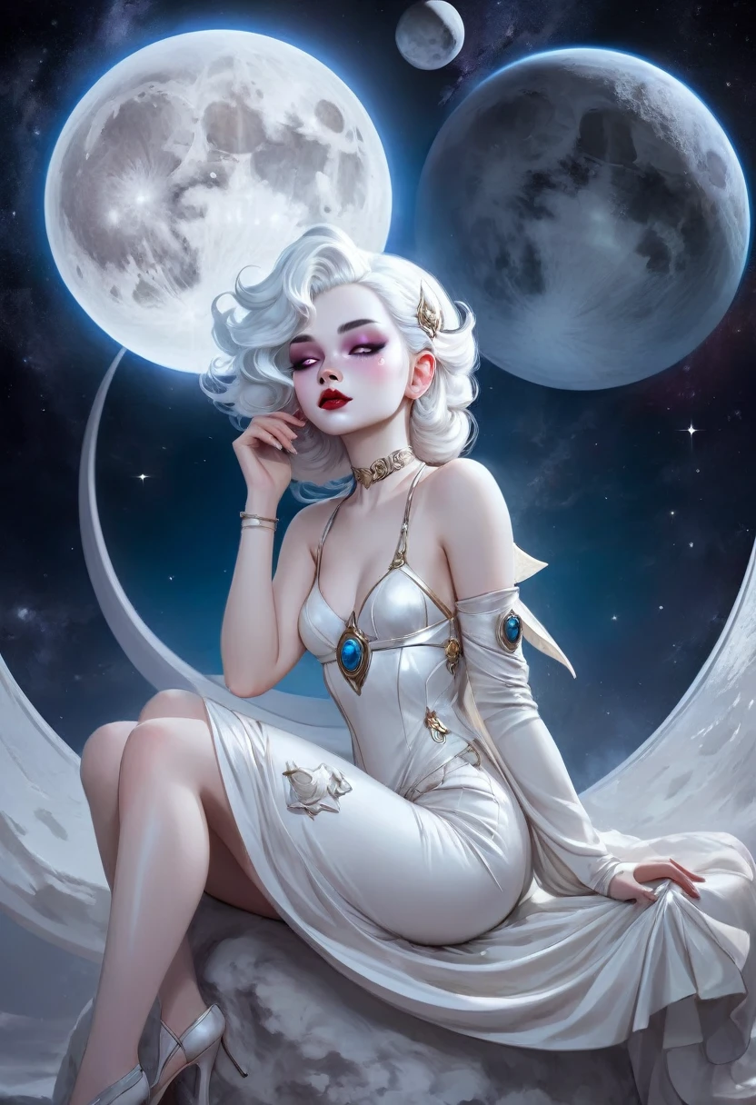 full body front view professional photostwo goddess of the moon a woman with pale white skin and glossy lips and full lashes makeup done with white pale hair in a white goddess outfits  sitting on the moon a pretty head piece  in space holding a planet and kissing the planet