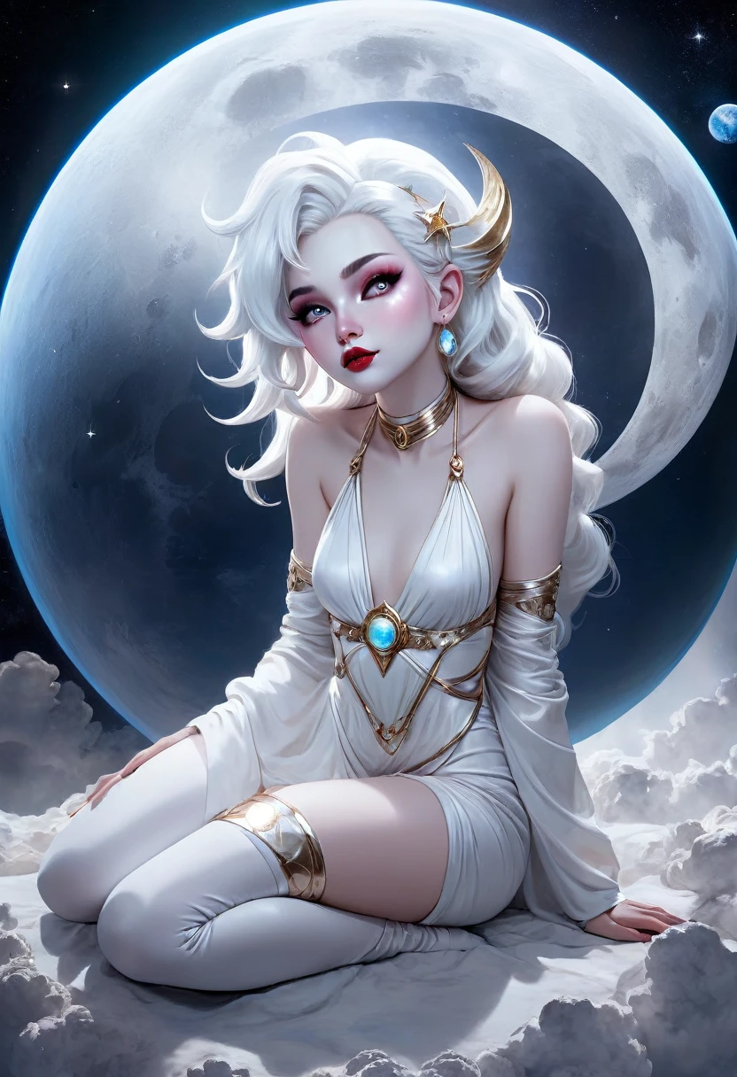 vue de face de tout le corps photos professionnellesdeux déesse de la lune une femme à la peau blanche pâle et aux lèvres brillantes et aux cils complets maquillage fait avec des cheveux blancs pâles dans des tenues de déesse blanche assise sur la lune un joli casque dans l&#39;espace tenant une planète et embrassant la planète