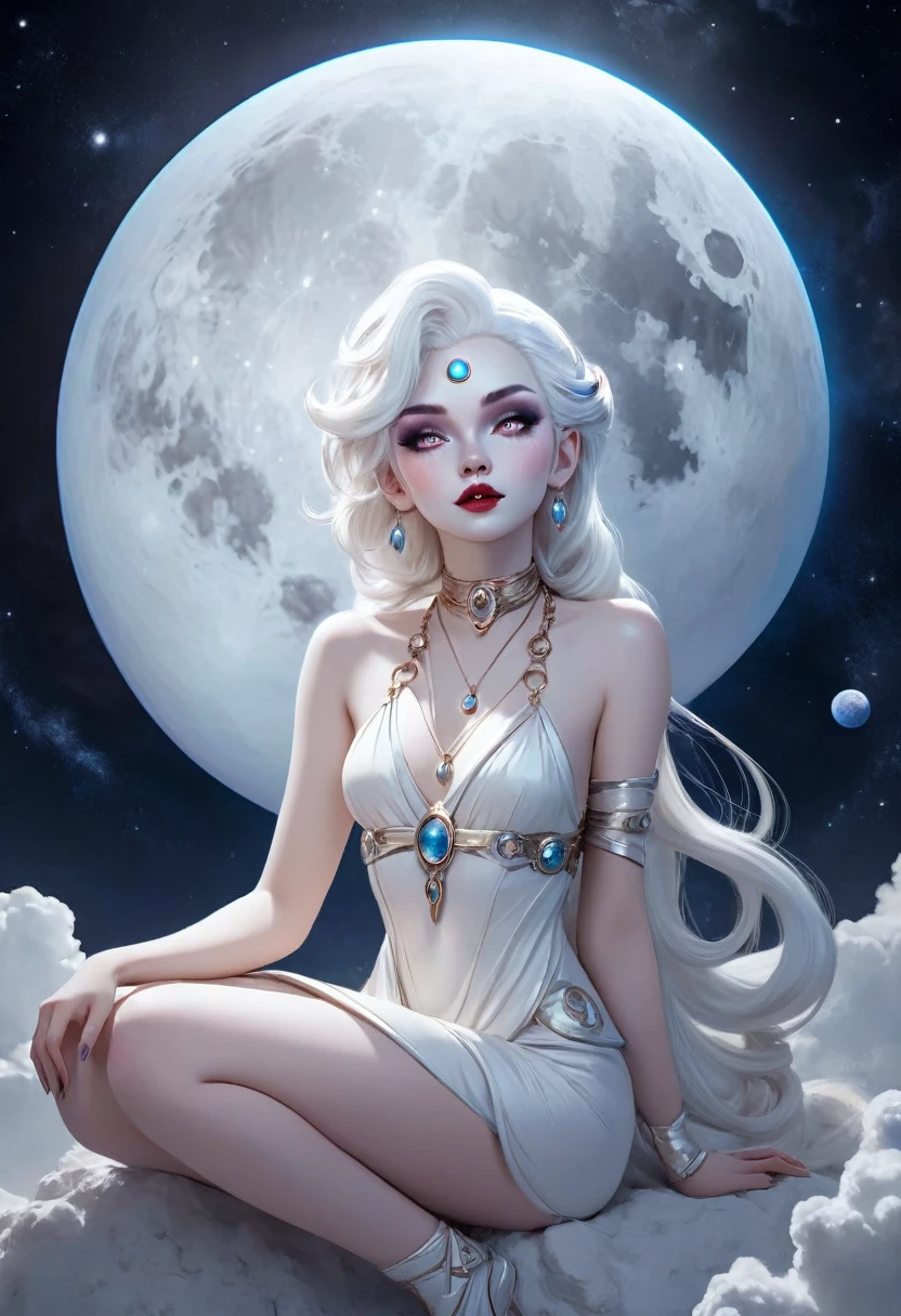 전신 정면 전문 사진 달의 여신 두 명 창백한 흰색 피부와 윤기 나는 입술, 그리고 하얀 여신 의상을 입은 흰색 창백한 머리로 완성된 속눈썹 화장을 한 여성 달 위에 앉아 있는 우주의 예쁜 머리 조각 행성을 잡고 행성에 키스하는 모습