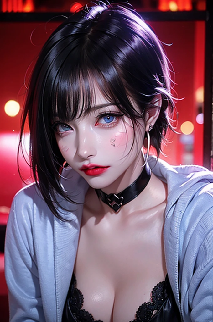 hair above one eye, red eyes, clear eyes, choker, open jacket, towards the wall,shining grafiti, shineing tattoos, shine, neon light, Black light,anime style, movie portrait photography, 1 female, 22 years ago, Full body Esbian,Blue eyes background, big and full breasts, Anger, (scarlet colored hair), long hair, purple eyes, wearing a short black dress, (natural skin texture vivid details, surreal, (realistic detailed eyes, natural skin texture, realistic facial details), soft and dramatic lighting, Depth of written boundary, bokeh, vivid details, surreal, 35mm movie, hazy blur, movie,lipstick, ear piercing, eye shadow, hoop earrings, Red-pink lips, Multicolored red eyes, purple theme,Wear an iridescent aura,beautiful eyes,stand in front of the red gate、bold pose、decide on a pose,upper ponytail,Hanging bangs,sit