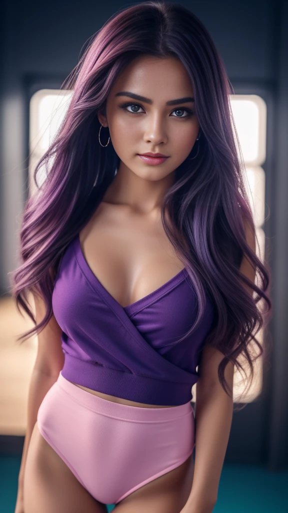 Beautiful realistic girl with blue long hair... ,..... ,Close-up of clean skin with detail ,full length,in short red and black mini shorts and a pink blouse,on a purple background,high quality 8k, high quality с высоким разрешением, Rich colors, Soft light, Super detailed photos. high quality, 8k Ultra HD, High Definition, Noise suppression, яркие Rich colors.. high quality, 8k Ultra HD, High Definition,