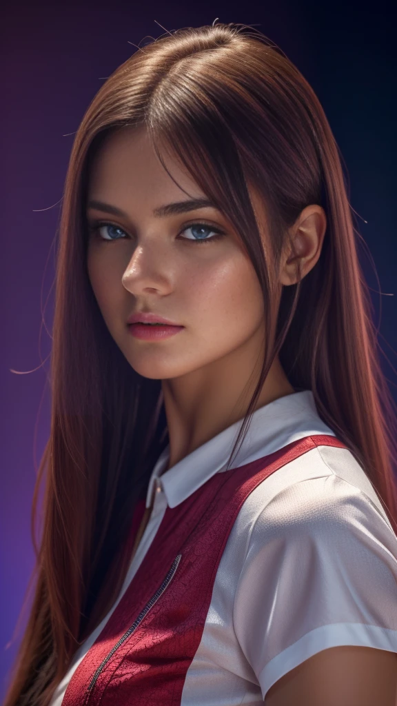 Beautiful realistic girl with blue long hair... ,..... ,Close-up of clean skin with detail ,full length,in short red and black mini shorts and a pink blouse,on a purple background,high quality 8k, high quality с высоким разрешением, Rich colors, Soft light, Super detailed photos. high quality, 8k Ultra HD, High Definition, Noise suppression, яркие Rich colors.. high quality, 8k Ultra HD, High Definition,