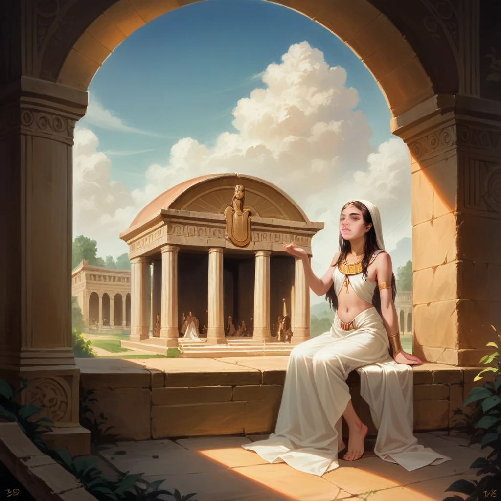 (best quality,ultra-detailed,realistic:1.37), humor, comic style, bold lines,a young priestess, sitting, she places a harp larger than herself in front of him and plays it, playing a large lyre, ancient Greek temple, late at night, inside the temple it is (dark:1.3) and there is (no lighting:1.2), the moonlight shines in at an angle, shining a faint light on her., highly detailed, photorealistic, realistic lighting, intricate architecture, ornate decorations, cool color palette, golden accents, soft fabric textures, mesmerizing expression, elegant pose, cinematic composition, natural lighting, realistic shadows, mystical atmosphere, hyperrealistic, award-winning art