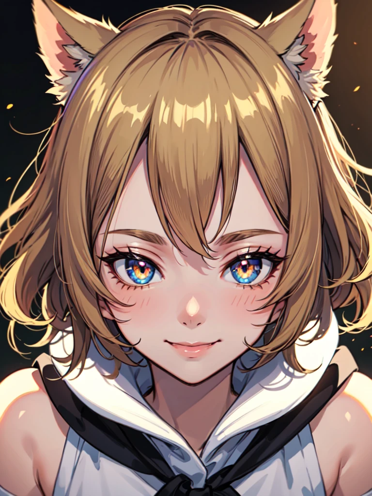 hair over shoulder, wavy hair, hair strand, shiny hair, blonde hair, eye reflection, glowing eyes, slit pupils, amber eyes, cat ears, smile, blush, glint, happy, anime, anime style, En plein air, high detail, cinematic lighting, ray tracing, reflection light, masterpiece, accurate, anatomically correct, super detail, high details, high quality, best quality, highres, 4K
