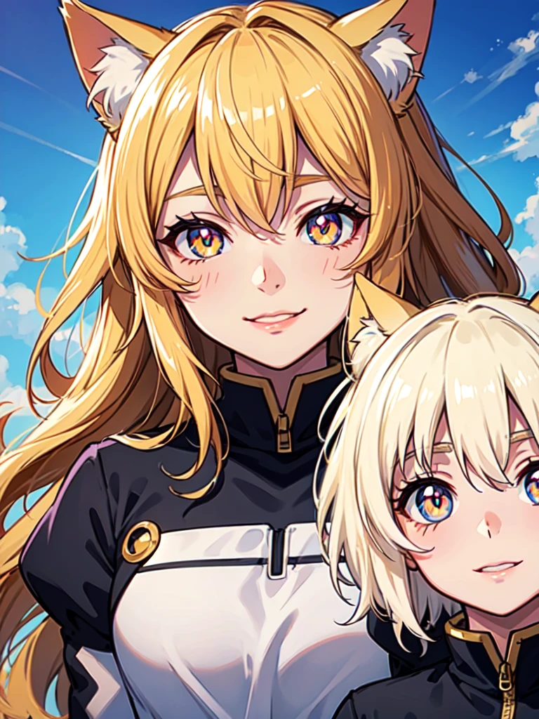 hair over shoulder, wavy hair, hair strand, shiny hair, blonde hair, eye reflection, glowing eyes, slit pupils, amber eyes, cat ears, smile, blush, glint, happy, anime, anime style, En plein air, high detail, cinematic lighting, ray tracing, reflection light, masterpiece, accurate, anatomically correct, super detail, high details, high quality, best quality, highres, 4K
