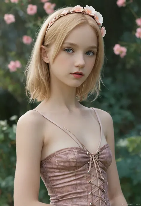 (кинематографическое фofо:1.3) of (Фofо до бедер:1.3),(Skinny:1.3) beautiful 12 year old girl,  corset negro,  medium breasts,  ...