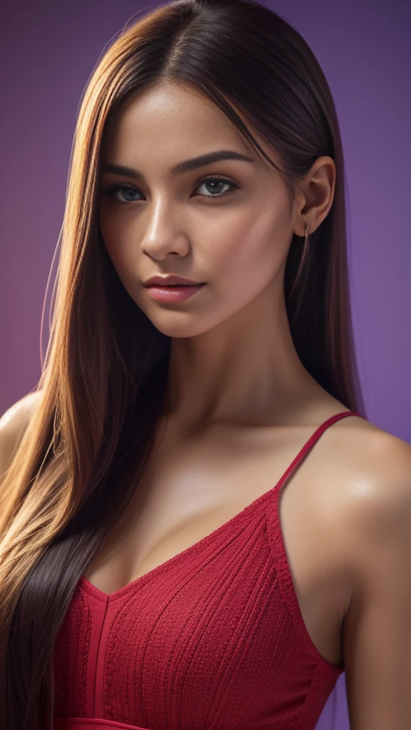 Beautiful realistic girl with blue long hair... ,..... ,Close-up of clean skin with detail ,full length,in short red and black mini shorts and a pink blouse,on a purple background,high quality 8k, high quality с высоким разрешением, Rich colors, Soft light, Super detailed photos. high quality, 8k Ultra HD, High Definition, Noise suppression, яркие Rich colors.. high quality, 8k Ultra HD, High Definition,