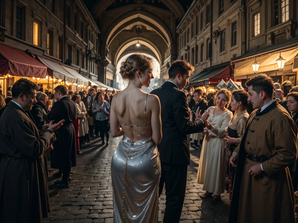 one naked curvy hourglass figure woman with hands chained in handcuffs being auctioned in the center, smiling, woman as center of focus, a ,man grabbing her ass, a crowded medieval market scene in ancient England, slave auction, detailed crowd dressed in old English clothing, highly detailed, 4k, realistic, dramatic lighting, muted color palette, historical, ornate architecture, cobblestone streets, steam rising, stalls with produce, craftspeople at work, dramatic tension