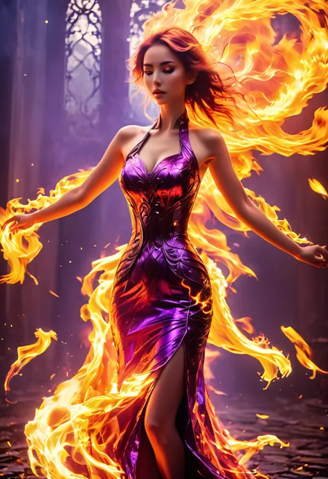 masterpiece, Best quality at best, A high resolution, (Flame/firey焰/loimu，dynamic scene:1.3)，a girl standing in fire，firestorm, ...