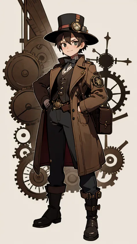 1.steampunk,15 years old,,goggles on the forehead,a fake smile,gloves,whole body,boots,pants,hat,small clock gear,steam meter, t...