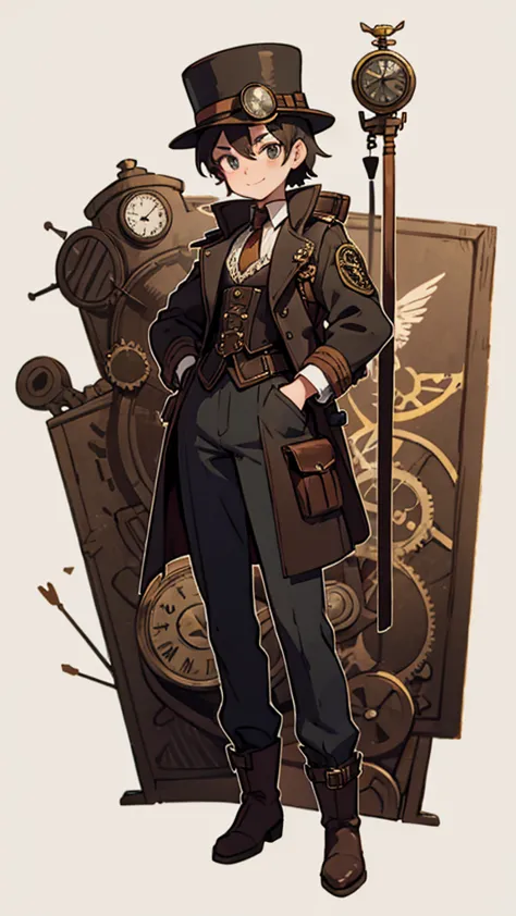 1.steampunk,15 years old,,aviation goggles on the forehead,a fake smile,gloves,whole body,boots,pants,hat,small clock gear,steam...