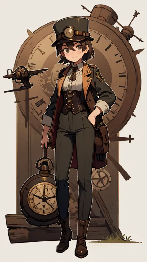 1.steampunk,15 years old,,aviation goggles on the forehead,a fake smile,gloves,whole body,boots,pants,hat,small clock gear,steam...