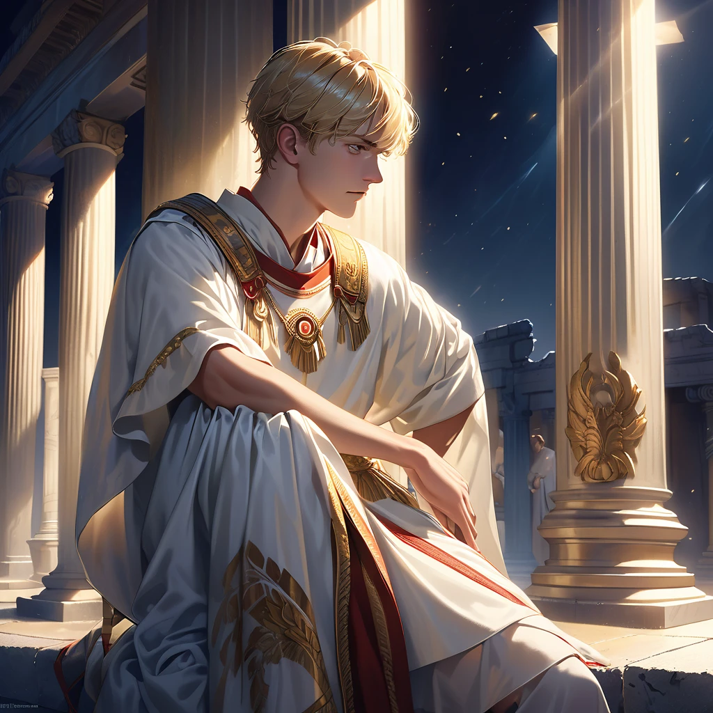 Handsome young blond man, around 20 years old, Greco-Roman soldier, liturgical uniform, ancient Greek temple, leaning against a pillar in thought, head bowed slightly, arms folded, weight on one leg, the other slightly bent, late night inside the temple (dark: 1.3) (unlit: 1.2), moonlight shining in at an angle and illuminating him clearly.
Highly detailed, photorealistic, realistic lighting, intricate architecture, ornate decor, cool color palette, gold accents, soft fabric textures, seductive facial expression, graceful pose, cinematic composition, natural lighting, realistic shadows, mysterious atmosphere, hyperrealistic, award-winning art