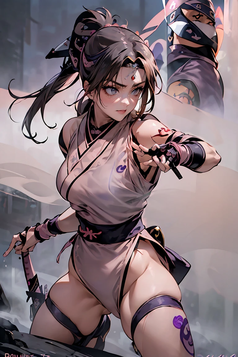 Raise your hands behind your head、night、(masterpiece、Highest quality、Very detailed、so beautiful、Full Body)、(((Pink dense fog effect:1.9)))、Attractive woman、Angry expression、Sweating profusely、soaked、((Alluring female ninja、Purple Shinobi Costume:1.8))、(Thick lips、Thick eyebrows、Almond-colored eyes、Black Hair)、((Skin:1.4))、Chest wrap、Navy blue long scarf、(From below:1.2)、Japanese garden、(pubic tattoo、glowing tattoo:1.3)