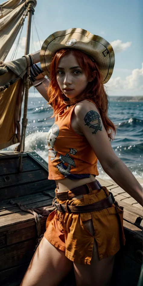 Emily Rudd, Nami, One Piece, pirate clothes, in the pirate boat, around the sea, expressive eyes, close camera, redhead hair, or...