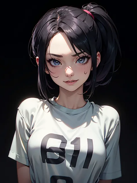 ((Portrait, Childish, Oversized shirt)), She has a Mischievous, Black-Haired Appearance, with a Very Flat Bust, and a Small Buil...
