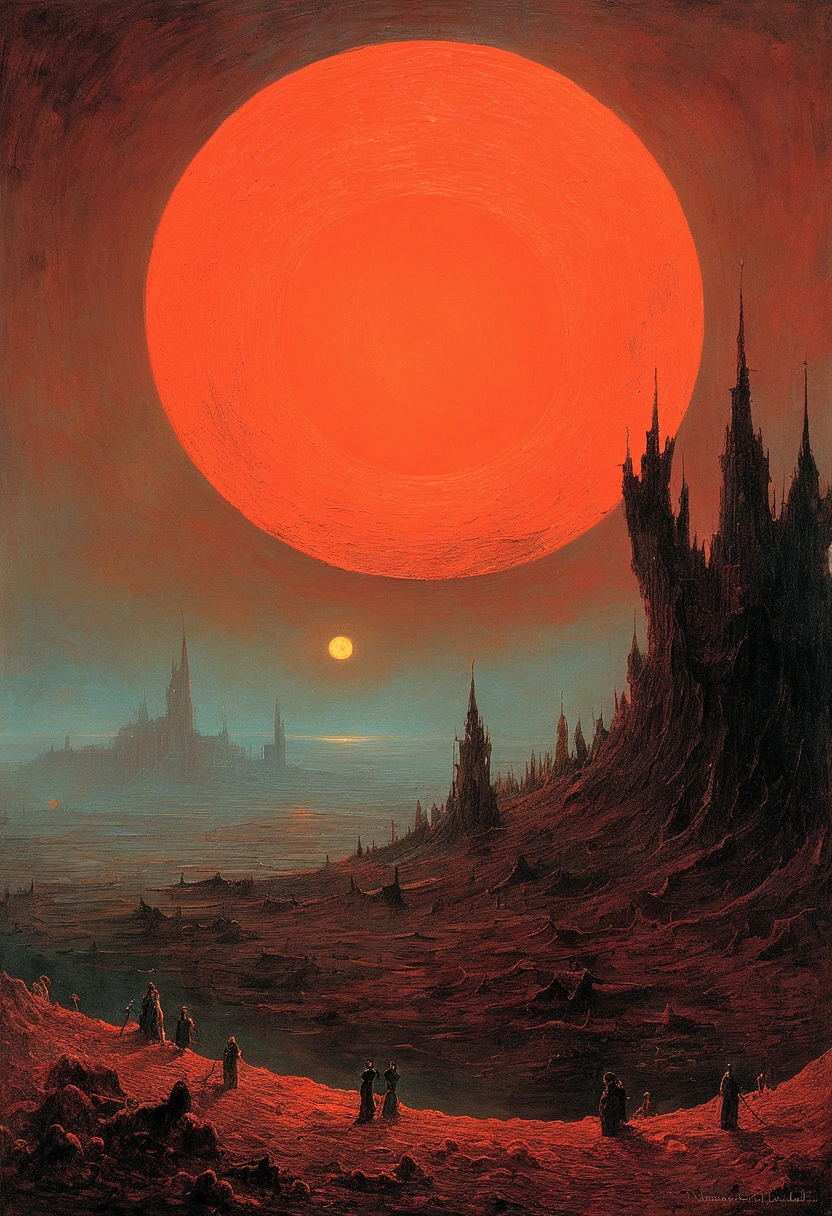 Mythical creatures, author：Zdzislaw Beksiński and Vincent van Gogh, Red moon and big eyeucha