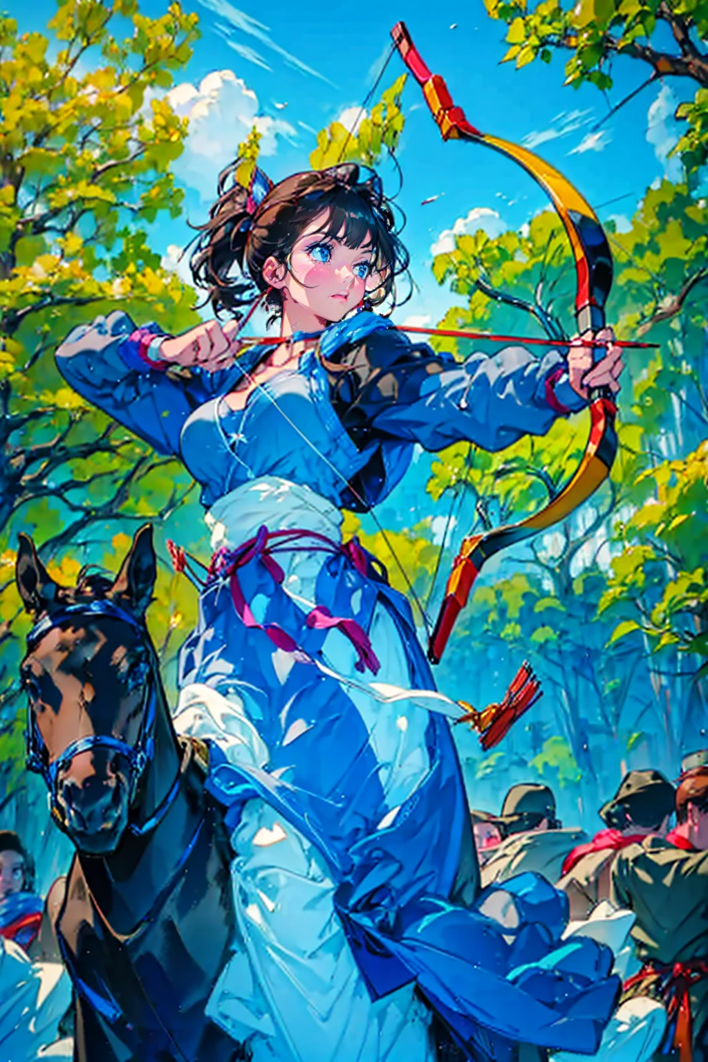 1girl,solo,cool,archery athlete,she hold a bow,draw a bow,archery,archer,cleavage,in archery venue, mounted archery