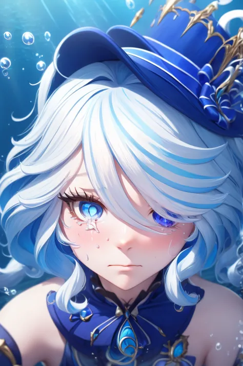 @グール:masterpiece,best quality,1 girl, furina, genshin impact, white hair, blue hair, cute,tear shaped pupils,sad,cry,underwater,...