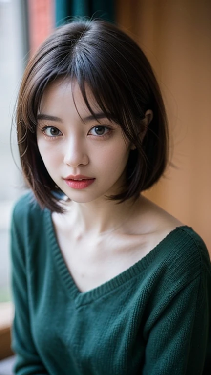 Highest quality、Japanese women、The most beautiful woman in the world、sexy、Golden hair color、Short Hairstyles、Small face、Beautiful Skin、evening、Large Breasts、Realistic、Green Sweater、anger