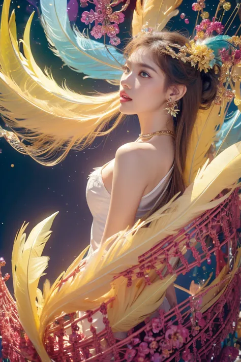 A girl with small breasts, bare shoulders, golden hair, colored feathers, metal ornaments, colored flowers, particles, light ray...