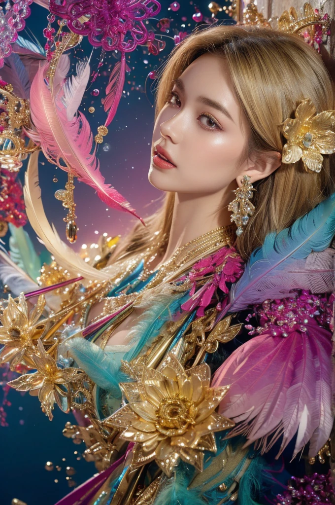 A girl with small breasts, bare shoulders, golden hair, colored feathers, metal ornaments, colored flowers, particles, light rays, (masterpiece, top quality, best quality, official art, beautiful and aesthetic:1.2), (1girl:1.3), extremely detailed,(fractal art:1.1),(colorful:1.1)(flowers:1.3),highest detailed,(zentangle:1.2), (dynamic pose), (abstract background:1.3), (shiny skin), (many colors :1.4), ,(earrings:1.4), (feathers:1.4)