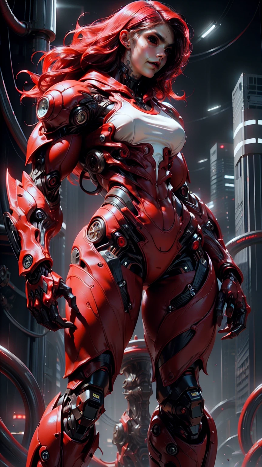 (beautiful girl:1.25), (megan fox:1.25), (young bodybuilder girl wearing cybernetic muscle suit:1.25), (tentacles extending from head), carnage muscular physique, seductive face, mouth wide open carnage style, long red hair, perfect muscular body, super skinny legs, sissy, femboy, (carnage style physique)