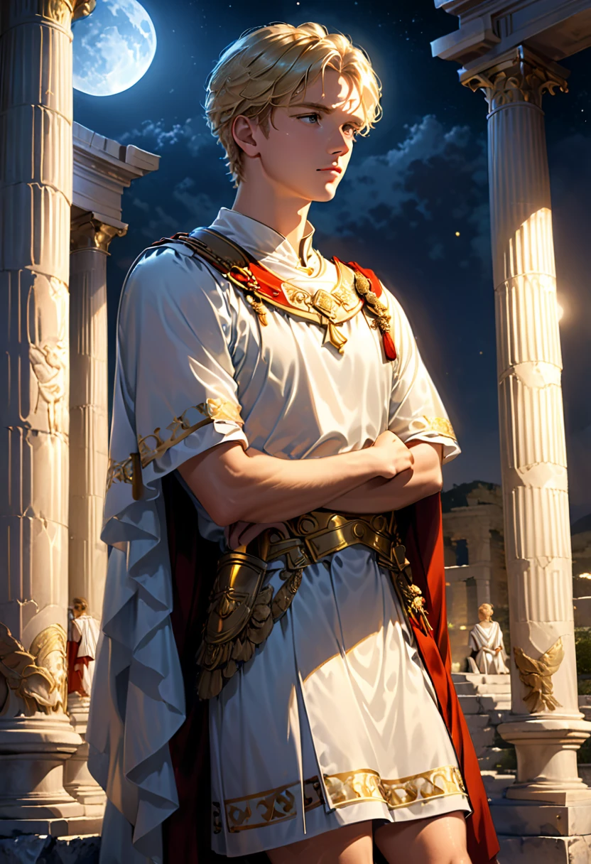 Handsome young blond man, around 20 years old, Roman soldier, liturgical uniform, ancient Greek temple, He was standing,  (leaning against a pillar:1.2), thinking deeply, arms folded, weight on one leg, the other slightly bent, late night inside the temple (dark: 1.4) (unlit: 1.3), moonlight shining in at an angle and illuminating him clearly. Highly detailed, photorealistic, realistic lighting, intricate architecture, ornate decor, cool color palette, gold accents, soft fabric textures, seductive facial 