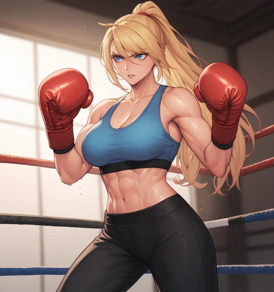 score_9, score_8_up, score_7_up, score_6_up, Detailed Background, BREAK
 Samusaran,1girl, long hair, sports bra,long black pants,boxing stance, sweating,blonde hair, blue eyes, BREAK
Boxing ring, boxing gloves